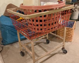 Vintage Industrial Steel Wire Laundry Cart with Red Basket