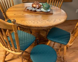 Oak Pedestal Dining Table with Four Chairs and a Stool