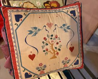 Vintage Folk Art Cross-Stitch Pillow with Tree, Birds, and Hearts