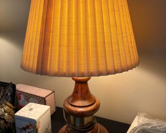 Vintage Turned Wood Table Lamp with Pleated Shade