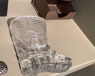 Clear Pressed Glass Boot Match Holder or Toothpick Holder