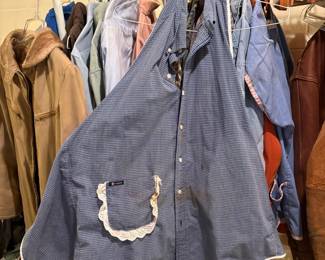 Chaps Blue Gingham Apron with White Lace Trim