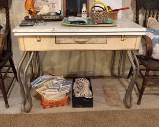Vintage Enamel Top Kitchen Table with Drawer and Chrome Legs