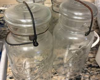 Set of 4 Vintage Ball Ideal Clear Glass Canning Jars with Glass Lids and Wire Bails