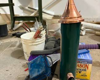 Green Metal Tube Bird Feeder with Copper Accents
