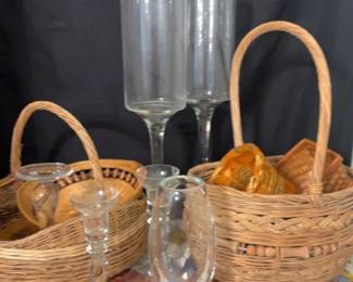 Simon Pearce Vase Candle Holders Woven Baskets And Quilted Runner