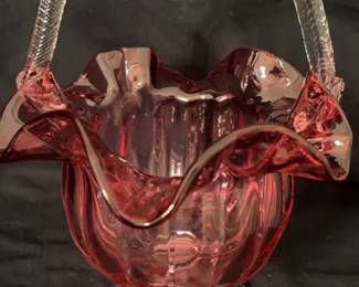 Large Fenton Cranberry Glass Ruffle Basket With Handle