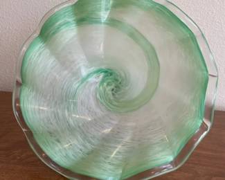 Green Glass Art Pedestal Compote Footed Bowl