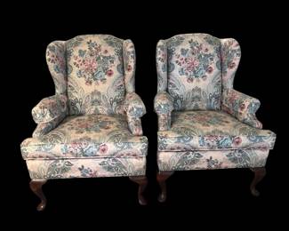 Pair Or Wing Back Floral Chairs