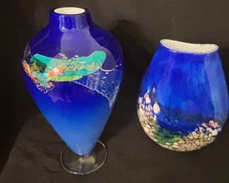 Signed Blue Art Glass Vases