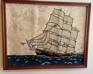 Sailing Ship Folk Art Hook Rug