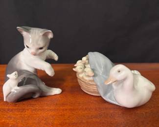 Lladro Duck and Cat Figurines