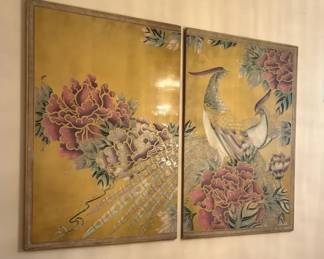 Carved Wood Peacock Diptych
