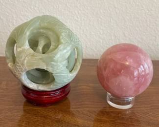 Carved Chinese Jade Puzzle Ball  Rose Quartz Sphere
