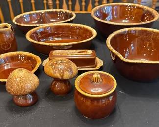 Vintage Brown Hull Pottery Serving Dishes  Mushroom Salt and Pepper Shakers