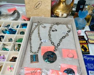 Lois Hill sterling necklaces & earrings, one has Abalone inset. Eisenberg Ice Christmas tree pin