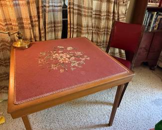 Vintage folding card table with embroidered top.  Mahjong anyone?