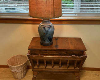 Lot 29: Table Lamp, VTG Wooden Magazine Table, and Wicker Wastebasket