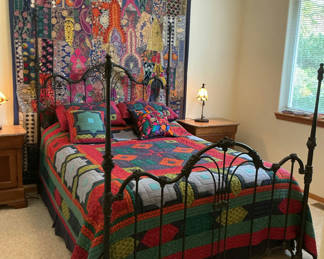 Lot 34: Queen Rod Iron Metal Bed Frame, Mattress/box Spring with Quilt and Pillows
