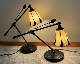 Lot 37: Pair of Adjustable Table Lamps with Stained Glass Shades