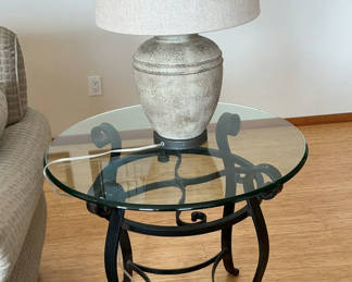 Lot 9: 3 Glass & Black Metal Tables, 2 Composition table lamps w/linen shades