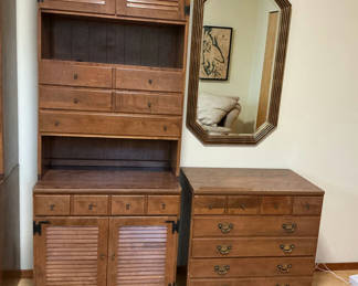 Lot 31: Vintage Ethan Allen Heirloom Tall Cabinet, Dresser, and Framed Wall Mirror