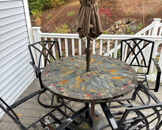 Lot 30: Round mosaic patio table with umbrella and metal chairs