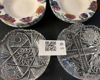 Lot 69: Floral ceramic bowls and crystal-cut glass bowls