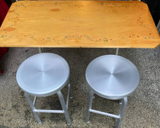 Lot 33: Wooden Table with Metal Stools