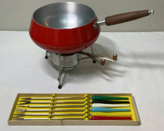 Lot 6: Red fondue pot on stand with burner and colored-handle skewers