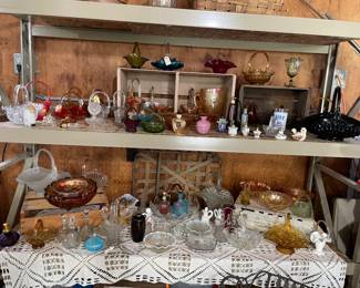 Lots of great collectible glass baskets and other glassware