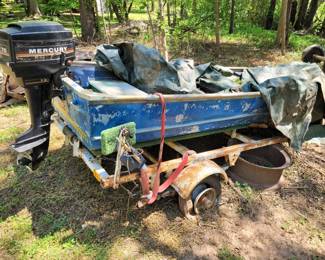 FLAT BOTTOM BOAT w MERCURY OUTBOARD & TRAILER