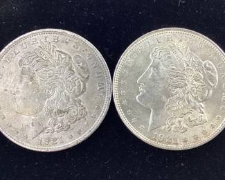 2) 1921 Morgan Silver Dollars 1921 P, 1921 S. 90 percent silver coin