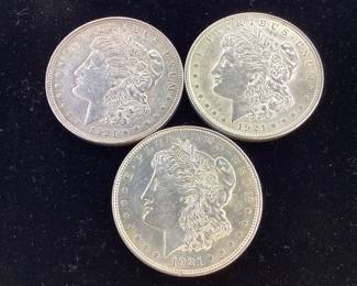 3) 1921 P Morgan Silver Dollars 90 percent silver coin