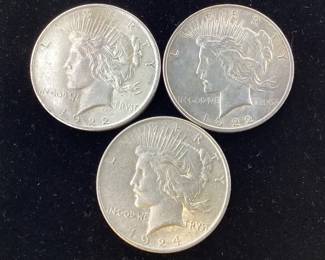 3) Silver Peace Dollars 2x1922 P, 1924 P 90 percent silver coin