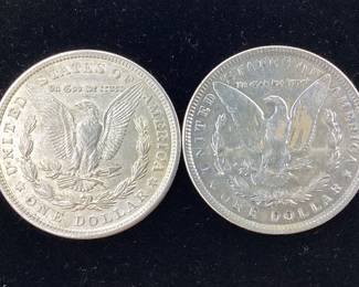 2) 1921 P Morgan Silver Dollars 90 percent silver coin. One has been polished, cleaned