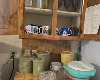 Tupperware, mugs, and glasses
