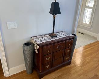 Three Drawer dresser (cherry), Grey floor vase, Bellcord Buffet Lamp