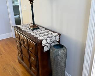 Three Drawer dresser (cherry), Grey floor vase, Bellcord Buffet Lamp