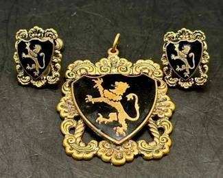 Lion Heraldic Pendant & Vintage Screw Back Earrings