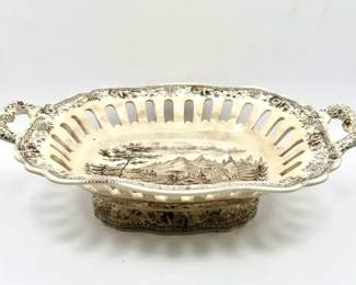 a vintage Staffordshire brown transferware pierced serving dish