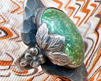 Sterling Silver Floral Ring with Green Cabochon — Size 3