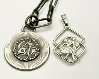 Sarah Coventry pewter Gemini zodiac necklace medallion & Ballroom Pendant