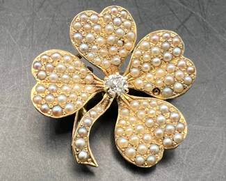 14K Gold & Seed Pearls Four Leaf Clover Brooch — Fine Jewelry