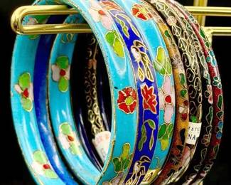 (7) Cloisonné Enamel Floral Bangle Bracelets — Vintage Jewelry