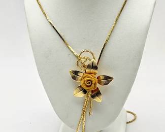 Vintage Lariat Rose Flower Gold Tone Adjustable Necklace
