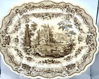 Antiquarian vintage 19th-century brown transferware platter