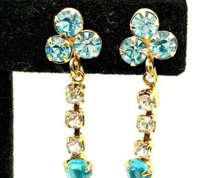 Vintage Blue Rhinestone Dangle Earrings Screw Back