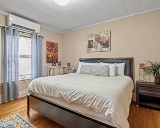 queen bed and bedframe, side table