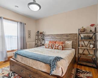Queen bed and bedframe, bookshelves, decor